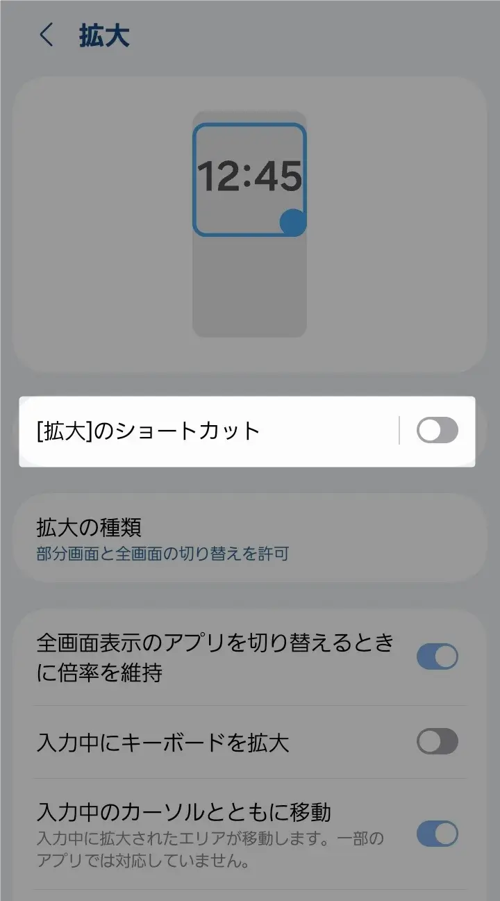 拡大設定画面で「拡大のショートカット」をオンにする手順